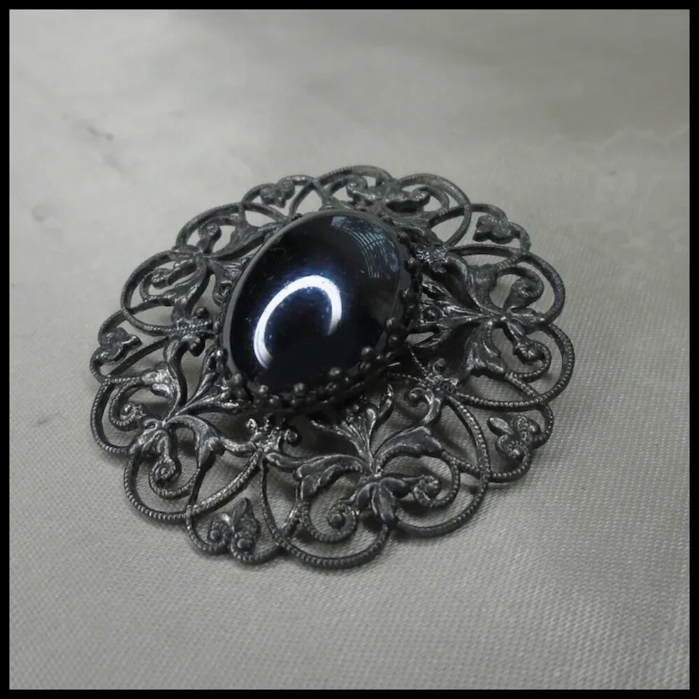Vintage Scarf Clip Dark Silvertone Filigree Dress Clip Hat Clip - Picture 9 of 10